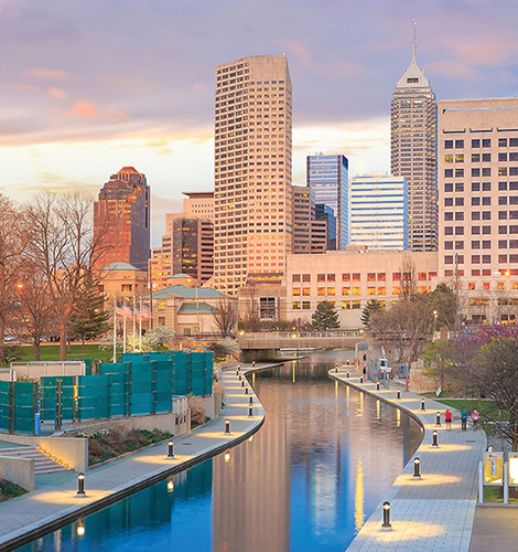 Indianapolis canal with skyline at dusk