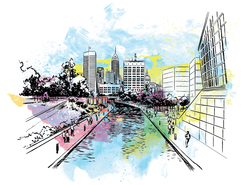 watercolor illustration of downtown indianapolis along the canal