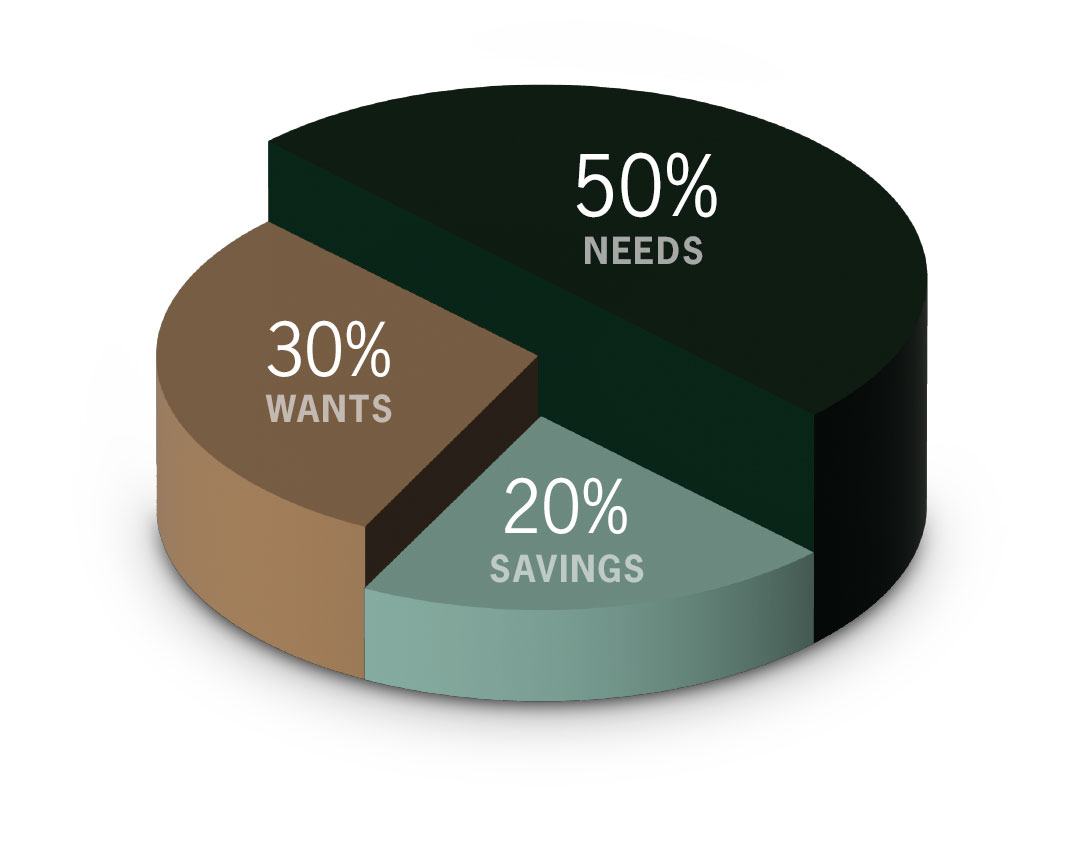 3-dimensional pie chart illustrating the '50/30/20 budget rule.