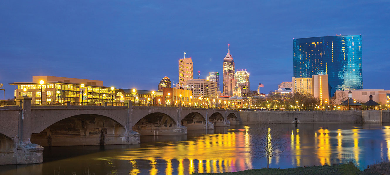 Indianapolis skyline from river at night